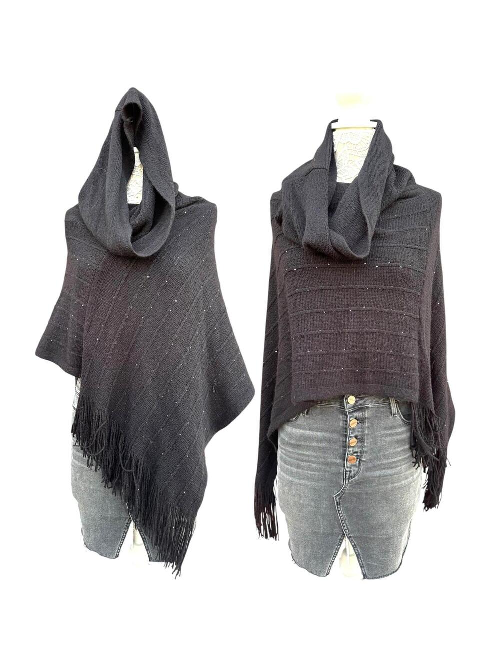 Black Sparkle Hooded Fringe Poncho Cape Wrap
